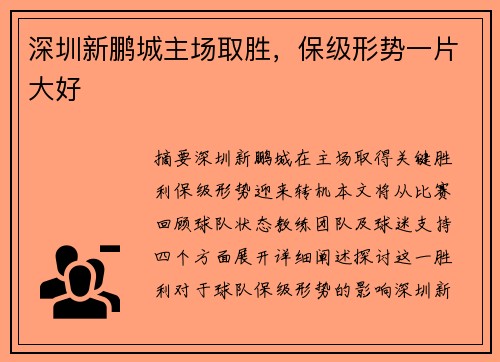 深圳新鹏城主场取胜，保级形势一片大好